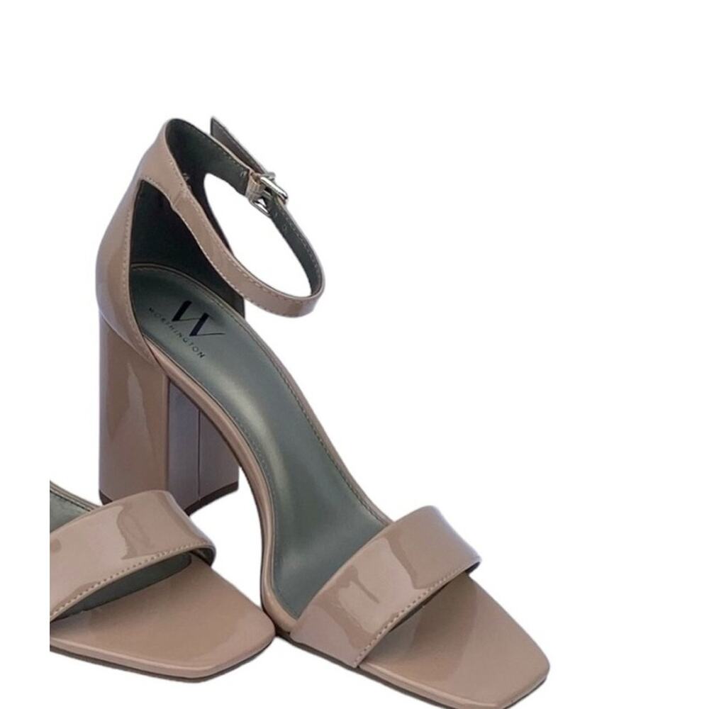 Worthington 9 Nude Heels Neutral Sandals Open Patent Block Heel Strap beige Tan